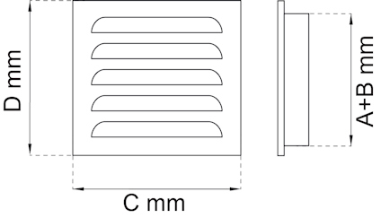 Diagram av ventilationsgaller med måttangivelser C mm, D mm, och A+B mm.