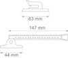 Ritning av spännklämma med mått: längd 147 mm, bredd 44 mm och höjd 63 mm.