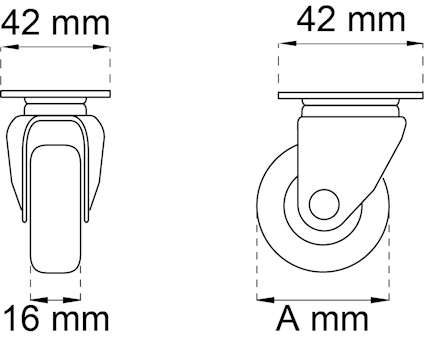 Ritning av hjul med dimensioner: bredd 42 mm, höjd 42 mm, djup 16 mm, sida A.
