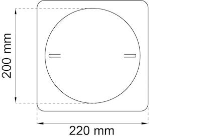 Ritning av en kvadratisk yta med en cirkel i mitten, mått: 200x220 mm.