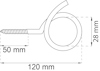 Ritning av en spiralformad krok, 120 mm lång, 28 mm hög, och 50 mm gängad del.