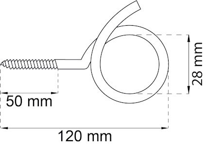 Ritning av en spiralformad krok, 120 mm lång, 28 mm hög, och 50 mm gängad del.