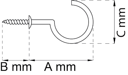 Illustration av en skruvkrok med mått: A mm, B mm och C mm.