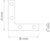 Ritning av vinkelbeslag med fyra hål, märkta mått A, B och C i millimeter.