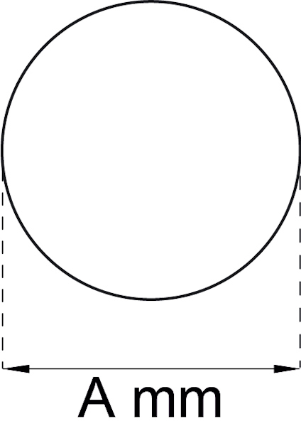 Cirkel med beteckningen "A mm" under, som markerar dess diameter.