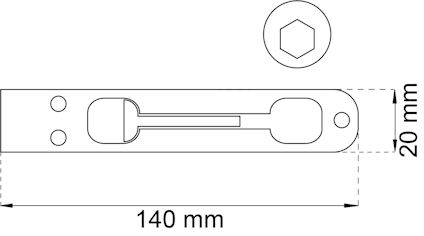 Ritning av en 140 mm lång och 20 mm bred bult med två monteringshål och en vredvisning.