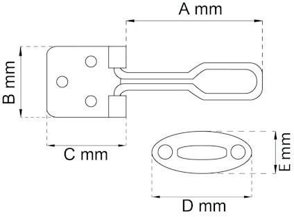 Ritning av en metallhake med måtten A mm, B mm, C mm, D mm och E mm markerade.
