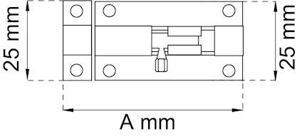 Svartvit ritning av en rektangulär dörrregel med dimensionerna 25 mm x 25 mm och en variabel längd markerad som A mm.