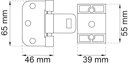 Ritning av ett gångjärn med dimensioner: 65x46 mm och 55x39 mm, markerade med pilar.