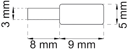 Ritning av en rektangulär och en cylindrisk del, mått: 5x9 mm rektangel, 3x8 mm cylinder.