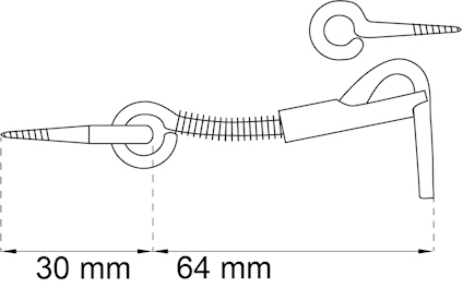 Ritning av skruv och krok med mått: 30 mm och 64 mm.