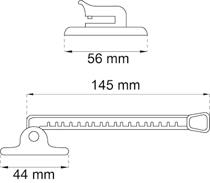 Ritning av en klämma med sugpropp, längd 145 mm, bredd 56 mm, höjd 44 mm.