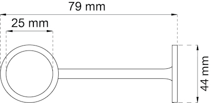 Ritning av en cyilindrisk komponent med dimensioner: 79 mm längd, 25 mm diameter, 44 mm bredd på ena änden.