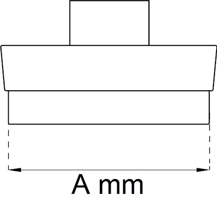 Svartvit teknisk ritning med måttangivelse "A mm" under en geometrisk form.