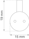 Diagram av en eluttagfront med två hål. Mått: 19 mm höjd, 15 mm bredd.