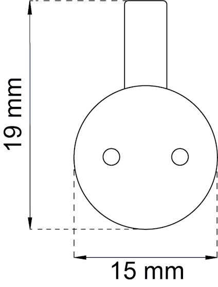 Diagram av en eluttagfront med två hål. Mått: 19 mm höjd, 15 mm bredd.