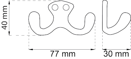 Skiss av fäste med måtten 40 mm höjd, 77 mm bredd och 30 mm djup.