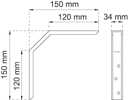 Ritning av metallfäste med måtten 150x150x34 mm och 120 mm hylla.