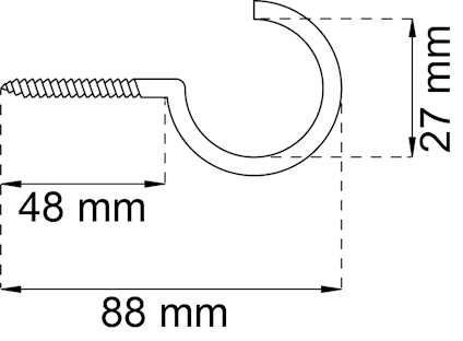 Skiss av en krok med måtten 88 mm längd, 48 mm bredd och 27 mm höjd.