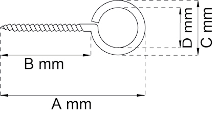 Illustration av en ögelskruv med måtten A mm, B mm, C mm och D mm markerade.