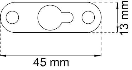 Ritning av metallbeslag, avlång med två hål, mått 45 mm x 13 mm.
