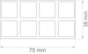 Rektangulär layout med åtta lika stora rutor, märkta med måtten 75 mm x 38 mm.
