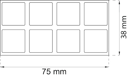 Rektangulär layout med åtta lika stora rutor, märkta med måtten 75 mm x 38 mm.