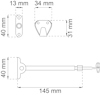 Ritning av beslag med mått: 40x13 mm, 34x31 mm, 145 mm total längd; inkluderar handtag.