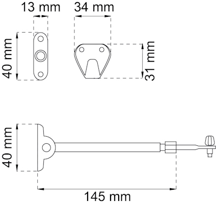 Ritning av beslag med mått: 40x13 mm, 34x31 mm, 145 mm total längd; inkluderar handtag.