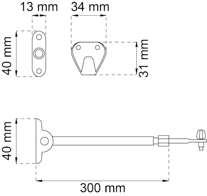 Ritning av ett stämpbeslag med angivna mått: 40x13 mm, 34x31 mm, och en längd på 300 mm.