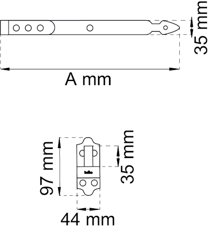 Ritning av metallbeslag med mått 97 mm x 35 mm och 44 mm bredd, visande hål och spår.