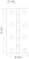 Ritning av en rektangulär gångjärn med sex hål, markerade mått A, B och C i millimeter.