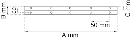 Ritning av en rektangulär platta med mått A mm, B mm, och C mm, samt hål placerade 50 mm isär.