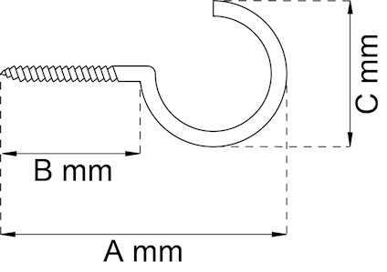 Diagram showing a screw hook with dimensions labeled: A mm, B mm, C mm.