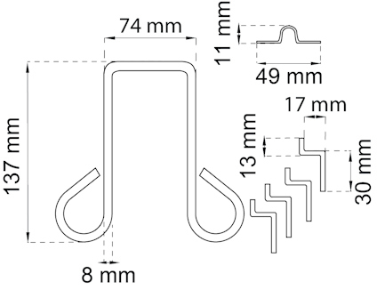 Ritning av metallklämma med mått: 137x74 mm, detaljprofil 49x11 mm; 8, 13, 17, och 30 mm olika dimensioner.