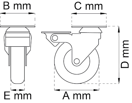 Diagram av svänghjul med måttsättning: A, B, C, D och E mäts i mm.