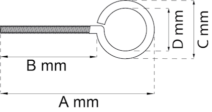Diagram som visar en ögleskruv med dimensioner markerade: A mm, B mm, C mm, D mm.