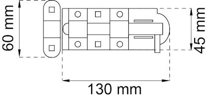 Ritning av en fönsterlåsbeslag med måtten 130 mm x 60 mm x 45 mm.