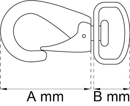 Ritning av ett karbinhake med etiketter: "A mm" och "B mm". Visar måttnamnen på karbinhaken.