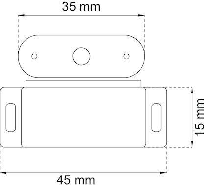 Diagram av ett objekt med mått: 45 mm bred, 15 mm hög och en övre del märkt med 35 mm.