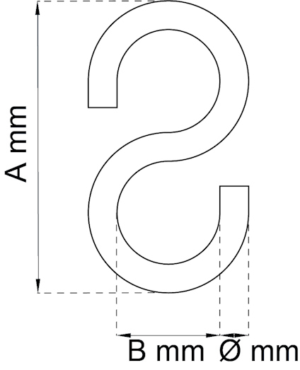 Ritning av en krok i form av ett S, med måtten A mm, B mm, Ø mm markerade.