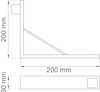 Ritning av en vinkelbeslag med mått: 200 mm x 200 mm x 30 mm.