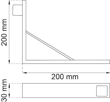 Ritning av en vinkelbeslag med mått: 200 mm x 200 mm x 30 mm.