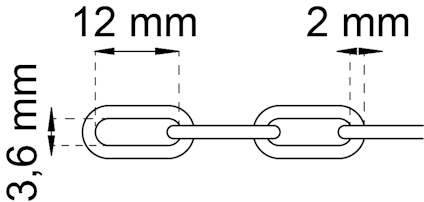 Ritning av en kedja med länkar, mått: 12 mm bredd, 3,6 mm höjd och 2 mm avstånd mellan länkarna.