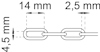 Kedjelänk med mått: 14 mm längd, 4,5 mm höjd, och 2,5 mm mellanrum mellan länkar.