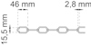 Diagram med kedjeform, 15,5 mm hög. Mellanrum mellan länkar: 46 mm horisontellt, 2,8 mm vertikalt.