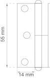 Ritning av gångjärn med måtten 55 mm i höjd och 14 mm i bredd. Två cirkulära hål visas.