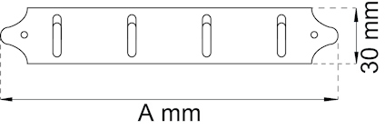 Diagram över en rektangulär metallplatta med fyra ovala hål. Mått: 30 mm höjd, bredd markerad som A mm.