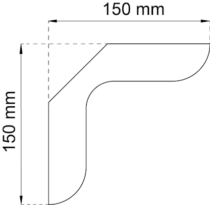 Diagram över en kvadratisk yta med rundad hörn, märkta med måtten 150 mm x 150 mm.