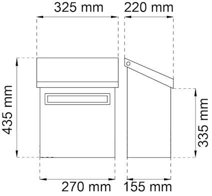Diagram över brevlådas mått: 435x325x220 mm och 335x270x155 mm.